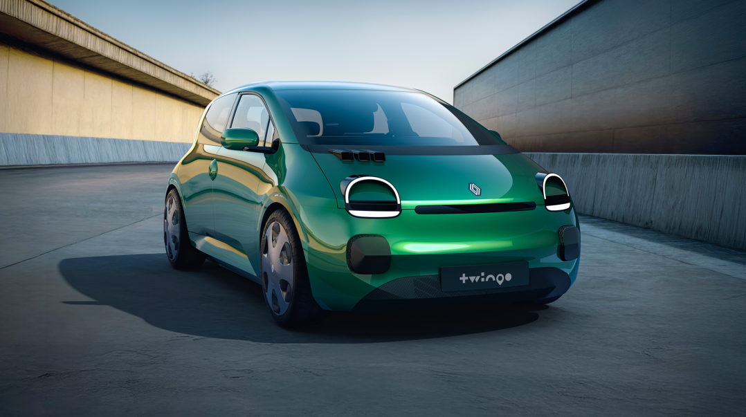 Green car parked in a tunnel, viewed from the front left angle.