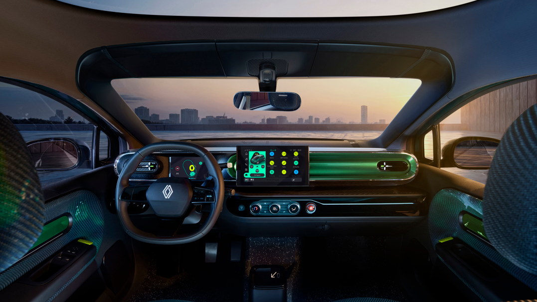 Futuristic car interior showing a digital dashboard and steering wheel.